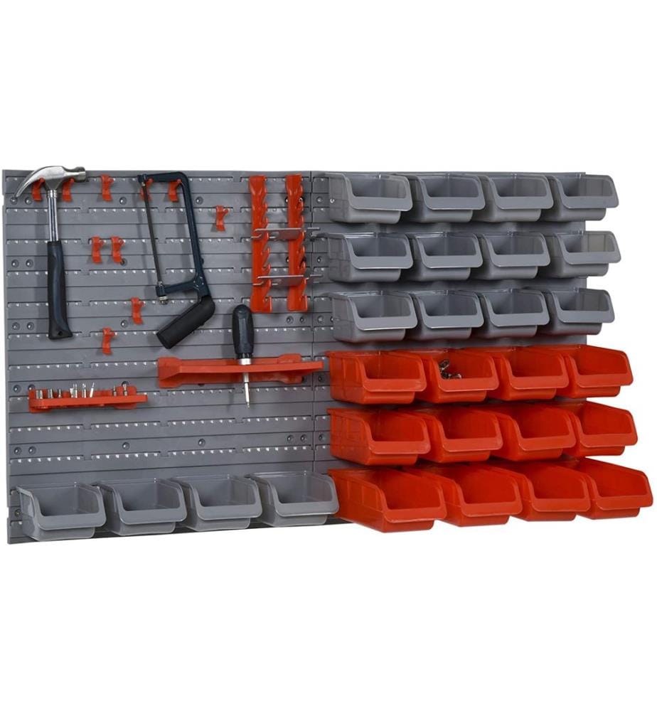 Panneau perforé pour rangement d'outils avec bacs empilables, 44 pièces