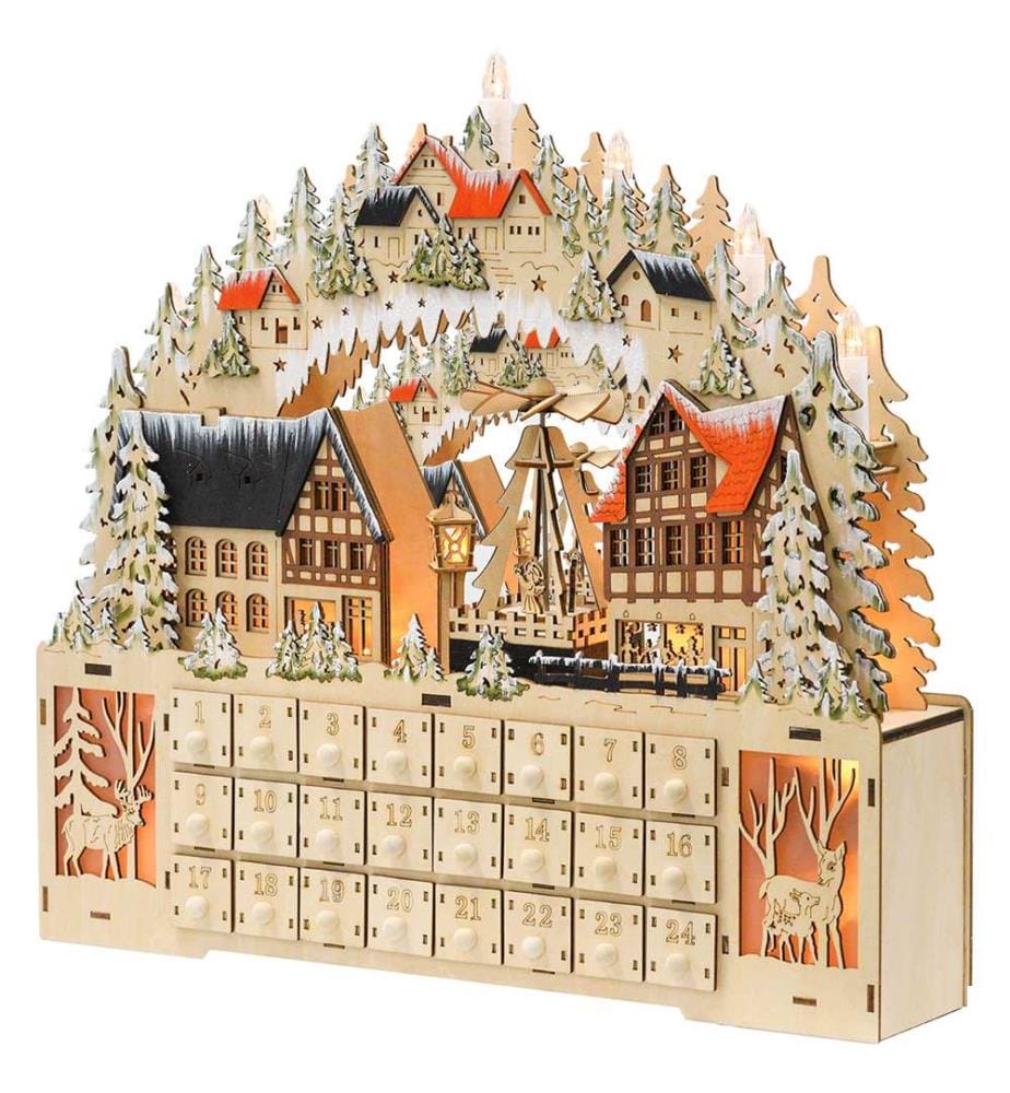 Calendrier de l'Avent décoratif de Noël avec 24 tiroirs à LED en bois naturel