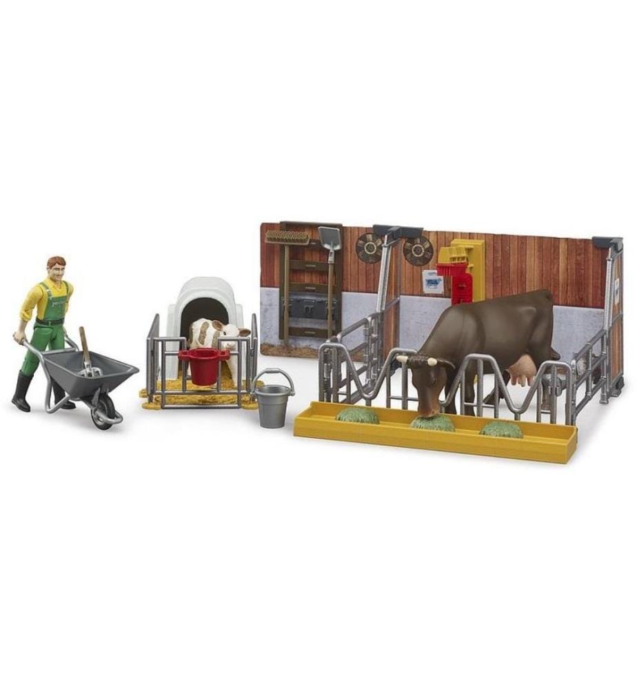 Bruder Spielwaren - Étable pour vaches et veaux avec agriculteur