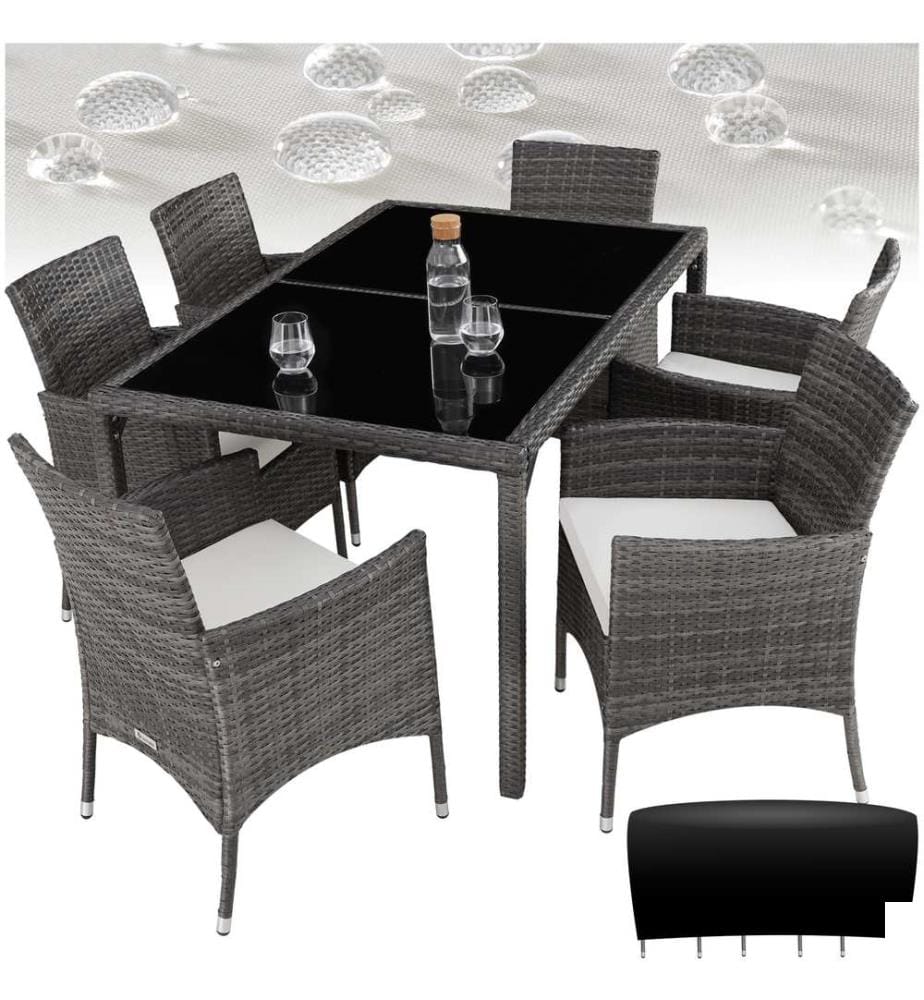 Salon de jardin 6 places avec housse de protection - grisblanc