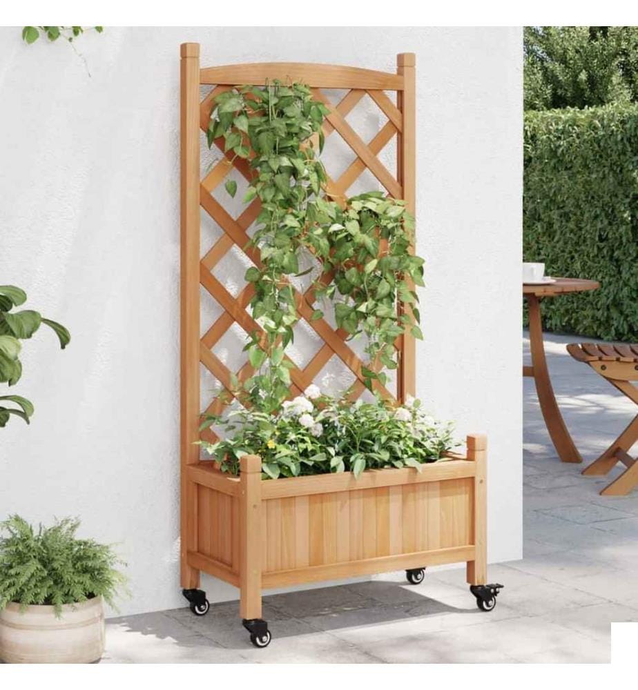 Jardinière avec treillis et roues marron bois massif de sapin
