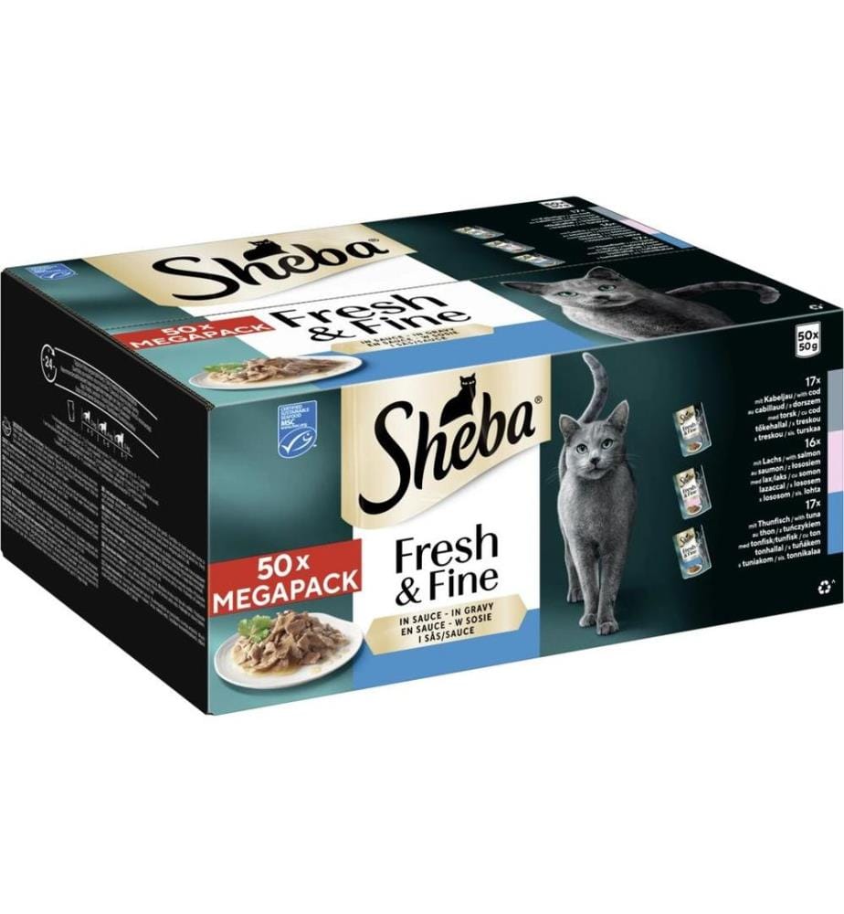 SHEBA - Alimentation humide Sauce au cabillaud, au saumon et au thon, 50 x 50g