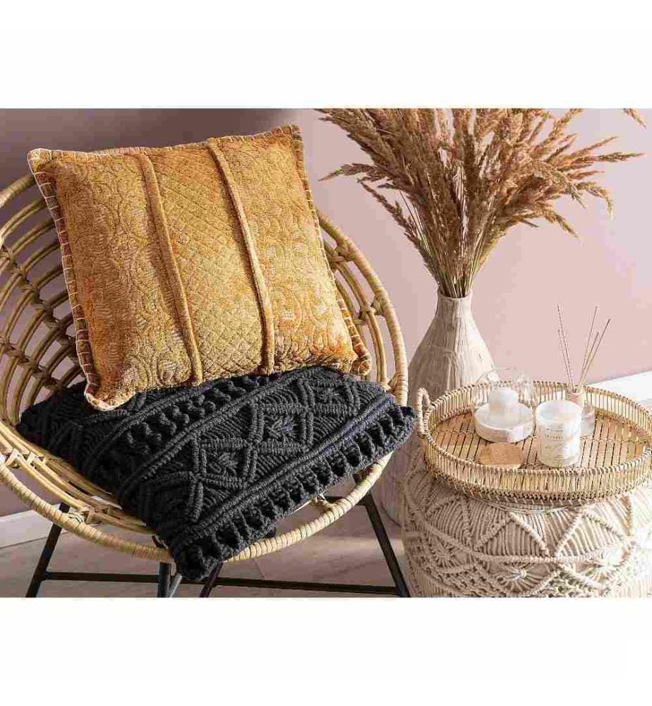 Coussin Décoratif Jaune Moutarde 45 x 45 cm Motifs en Velours pour Style Classique, Boho ou Vintage