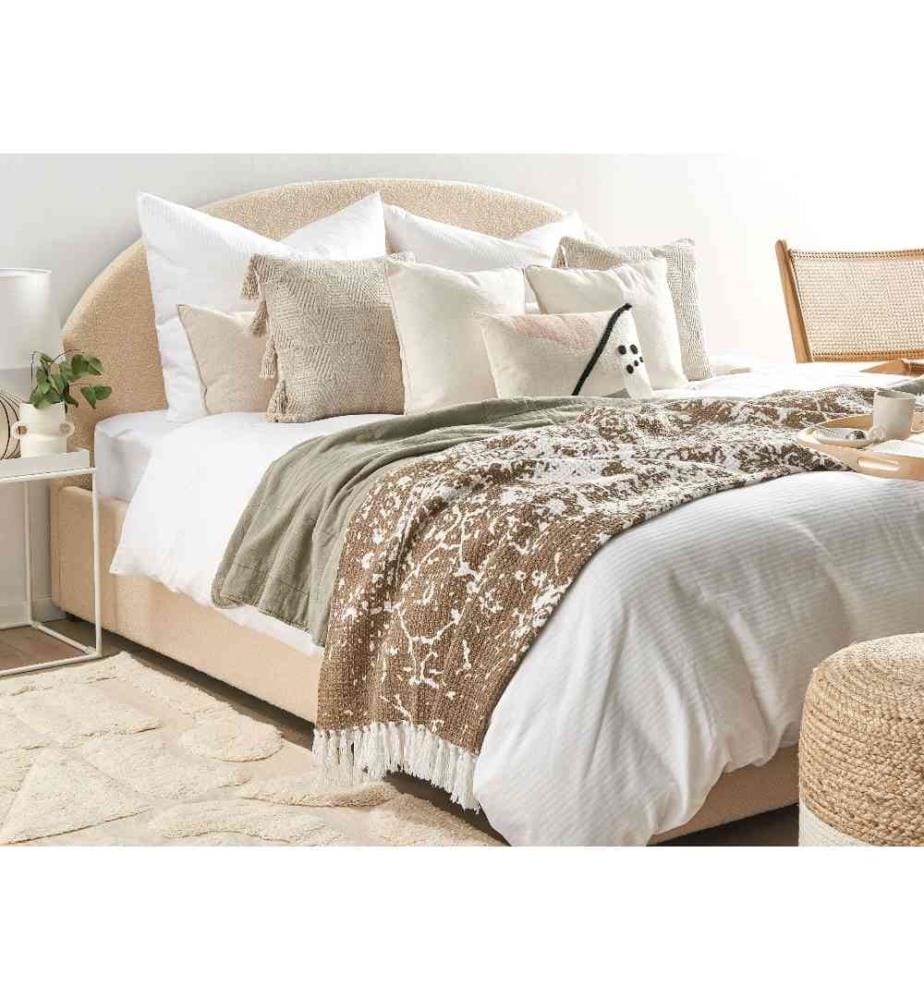 Plaid Beige à Motifs et Franges 130 x 165 cm Couverture en Coton chic et Elégante pour Intérieur Boho ou Classique