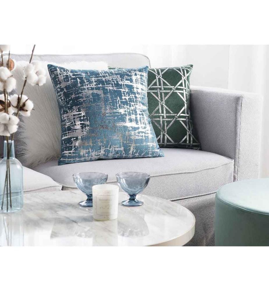 Lot 2 Coussins Décoratifs en Velours Bleu 45 x 45 cm avec Motifs Abstraits Argentés pour Salon ou Chambre au Style Moderne et Glamour