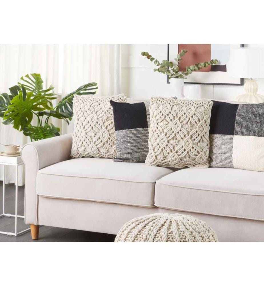2 Coussins Décoratifs Beiges 45 x 45 cm Texture en Macramé Accessoire Parfaits pour Chaque Chambre ou Salon Scandinave Rustique et Boho