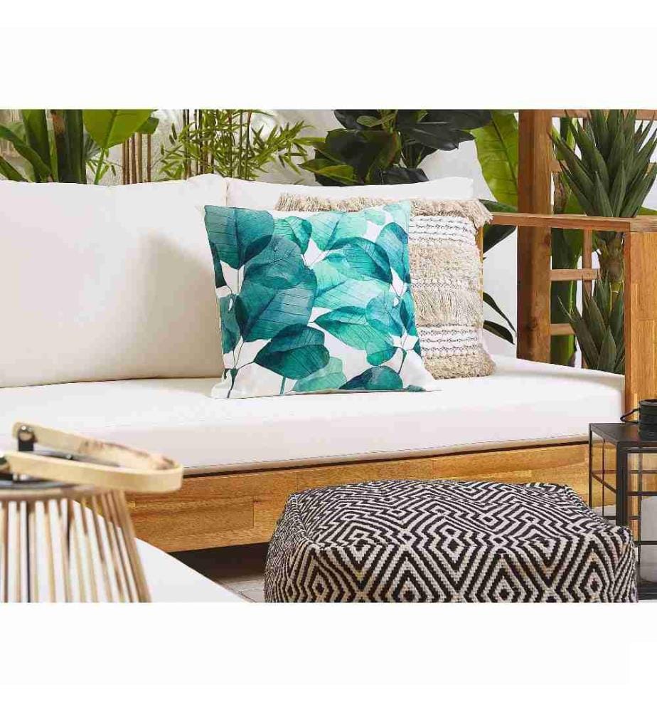 Lot de 2 Coussins Décoratofs d'Extérieur à Motif Feuilles Bleu sur Fond Blanc Housse Amovible et Tissu Résistant Parfait pour Jardin Balcon