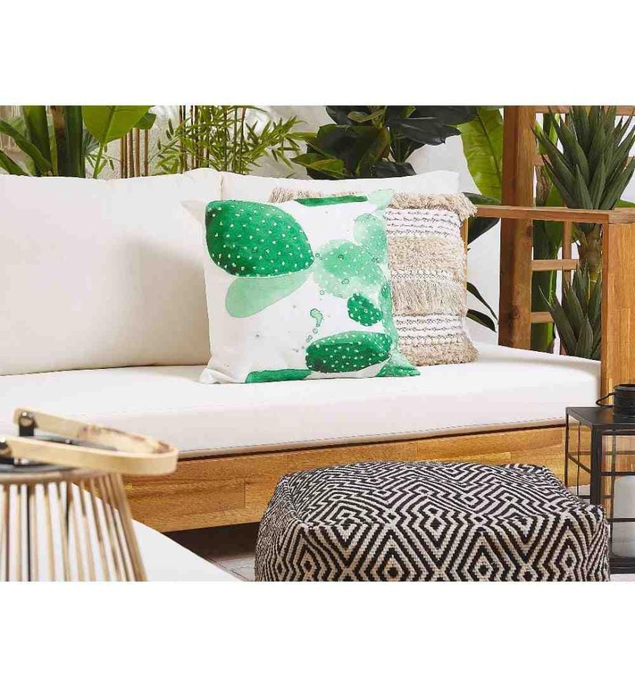 Lot de 2 Coussins Décoratifs d'Extérieur pour Jardin 45 x 45 cm en Tissu Imperméable Vert et Blanc à Motif Oponces