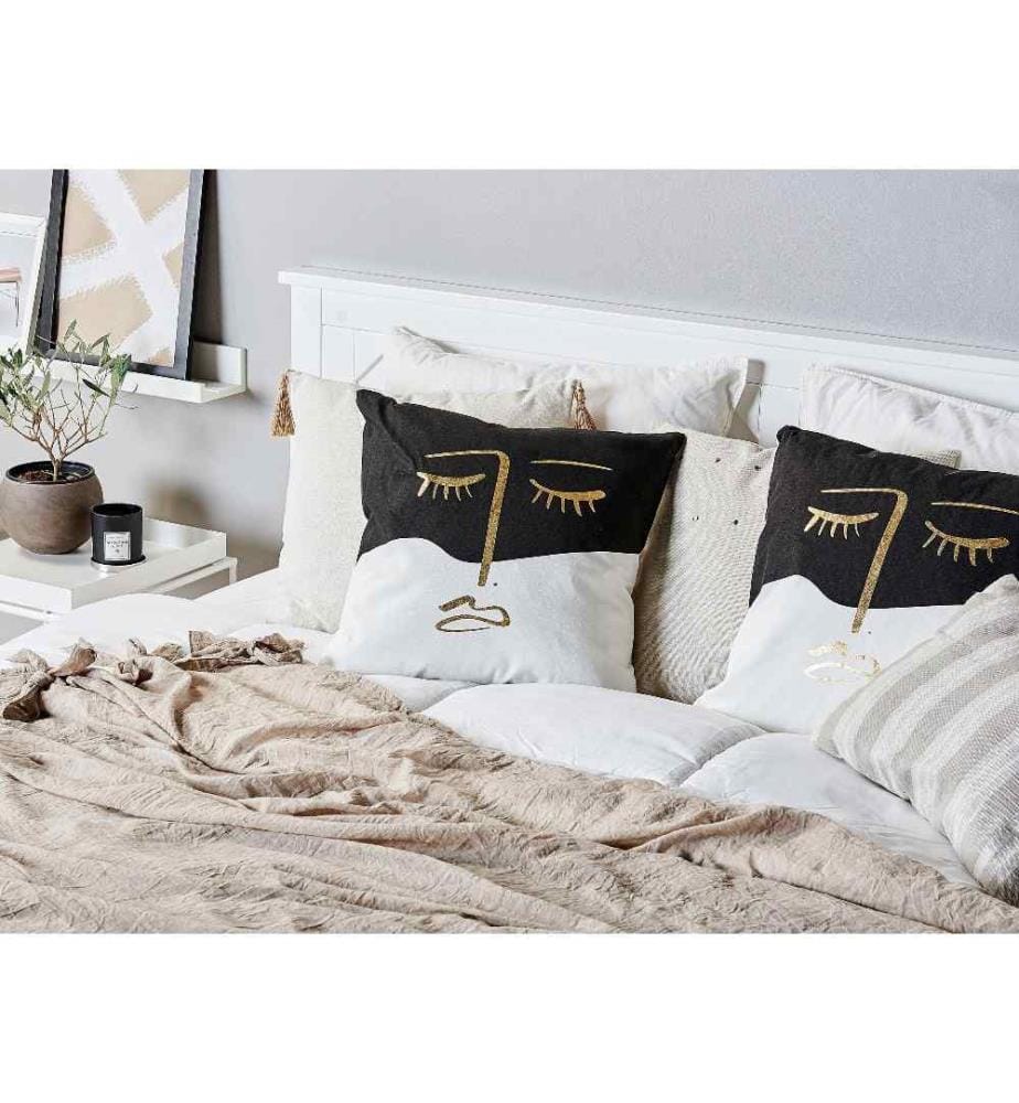 Coussin Décoratif 45 x 45 cm en Polyester avec Motif Visage Doré Noir et Blanc pour Chambre de Style Moderne ou Glamour