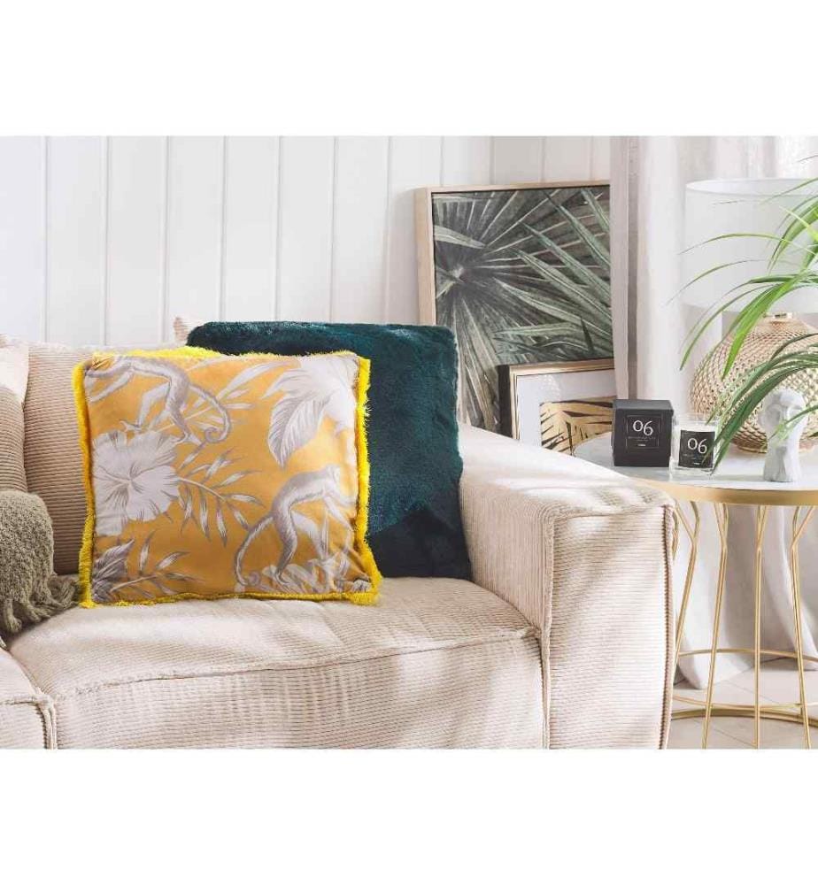 2 Coussins Décoratifs Jaunes 45 x 45 cm en Polyester avec Motif Jungle Singe pour Salon ou Chambre de Style Moderne ou Glamour