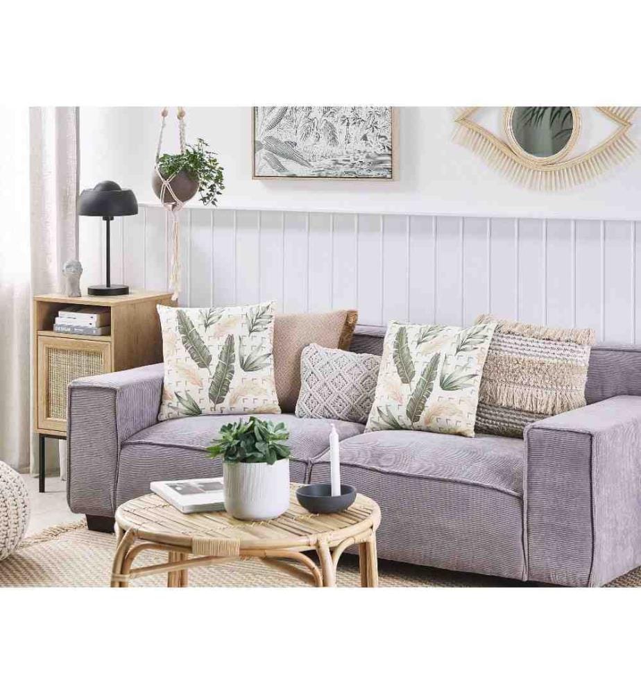 Set de 2 Coussins Style Boho à Motif Feuillage 45 x 45 cm Vert et Beige en Polyester et Coton/Lin Rhapis