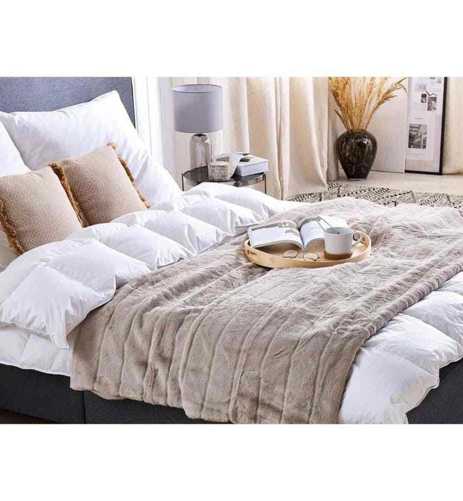 Plaid Couvre Lit Doublé 180 x 220 cm en Polyester Beige Ultra Doux au Toucher et Chaud Idéal pour Habiller un Canapé ou Comme Couverture