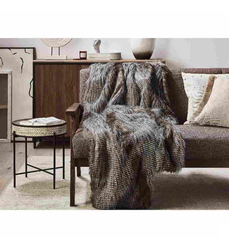 Plaid Couvre Lit Effet Fourrure Doublé 180 x 220 cm en Tissu Marron et Blanc Doux au Toucher pour Habiller un Canapé ou Comme Couverture
