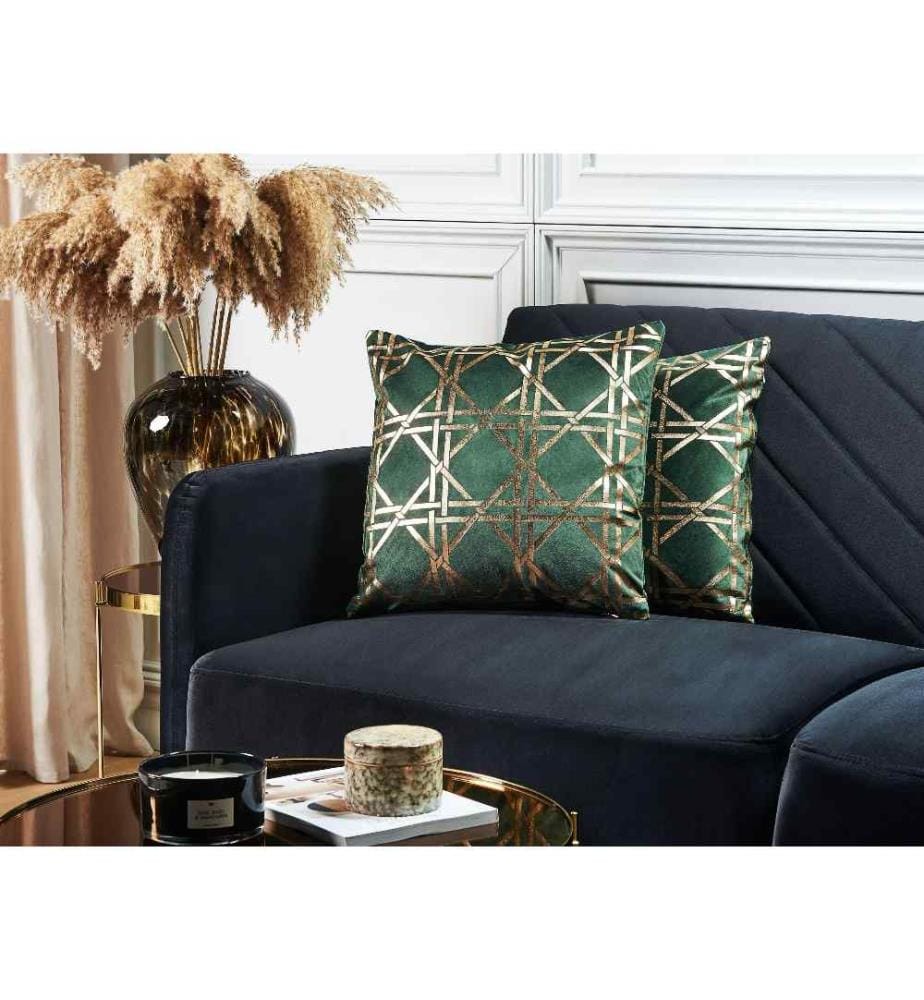 Lot 2 Coussins Décoratifs Vert Foncé avec Motif Géométrique Doré 45 x 45 cm pour Salon ou Chambre de Style Moderne Glamour et Chic