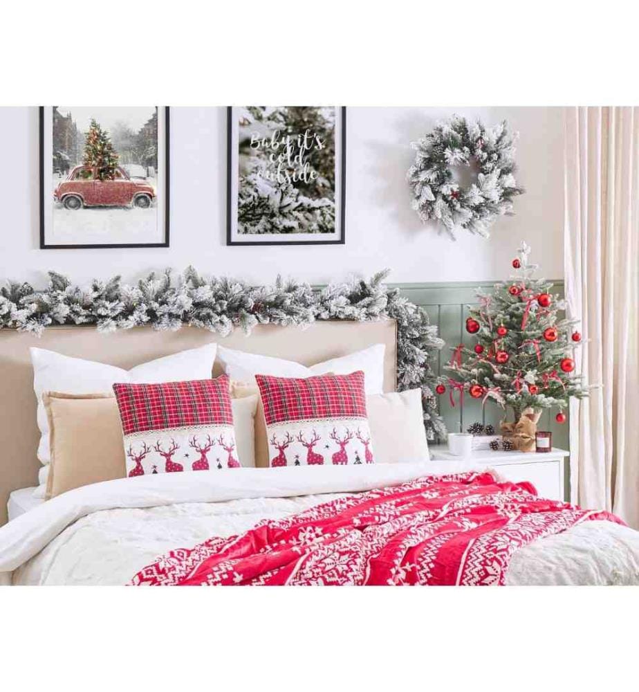Lot de 2 Coussins de Noël avec Motifs Carreaux et Rennes 45 x 45 cm en Coton Rouge