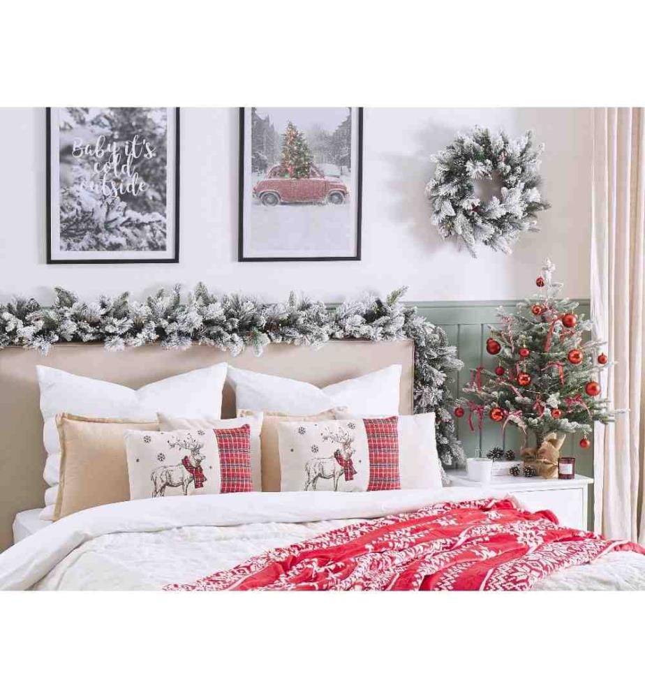 Lot de 2 Coussins de Noël avec Motif de Renne 30 x 50 cm en Polyester Tissu Rouge et Blanc