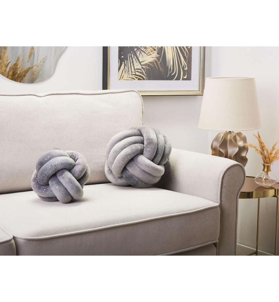 Coussin Décoratif Noeud Gris en Forme de Balle en Velours 30 cm avec Paillettes pour Canapé ou Lit Moderne