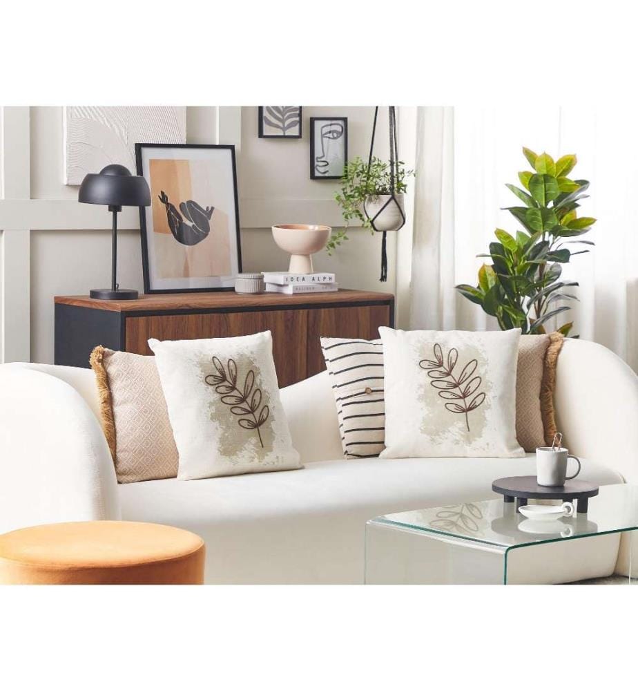 Coussins Décoratifs Beige en Polyester 45 x 45 cm avec Motif de Feuille Brodé Housse Amovible Fermeture à Glissière Lot de 2