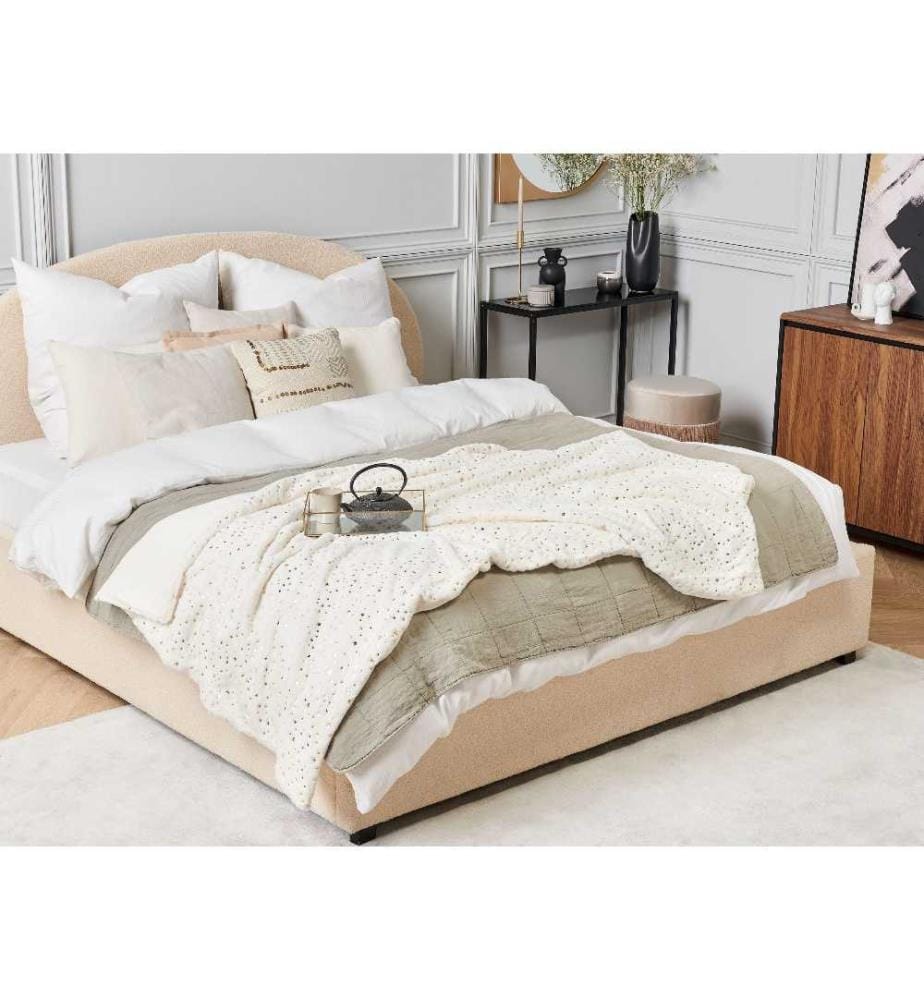 Plaid Doux et Cosy avec Motif d'Étoiles Alazeya 150 x 200 cm en Polyester Crème et Doré Pour Décorer Votre Lit ou Canapé