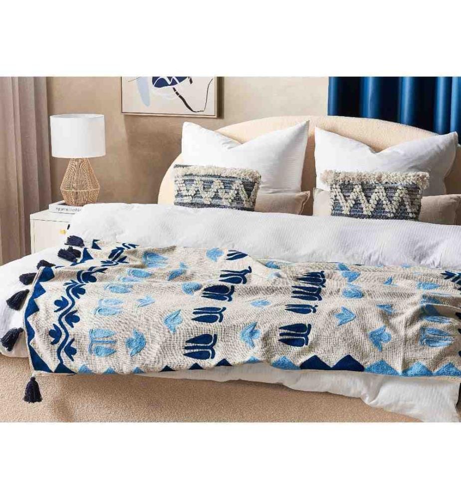 Couverture Bleu et Beige en Coton 130 x 180 cm Faite à la Main Jeté de lit Cosy Motif Floral avec Pompons