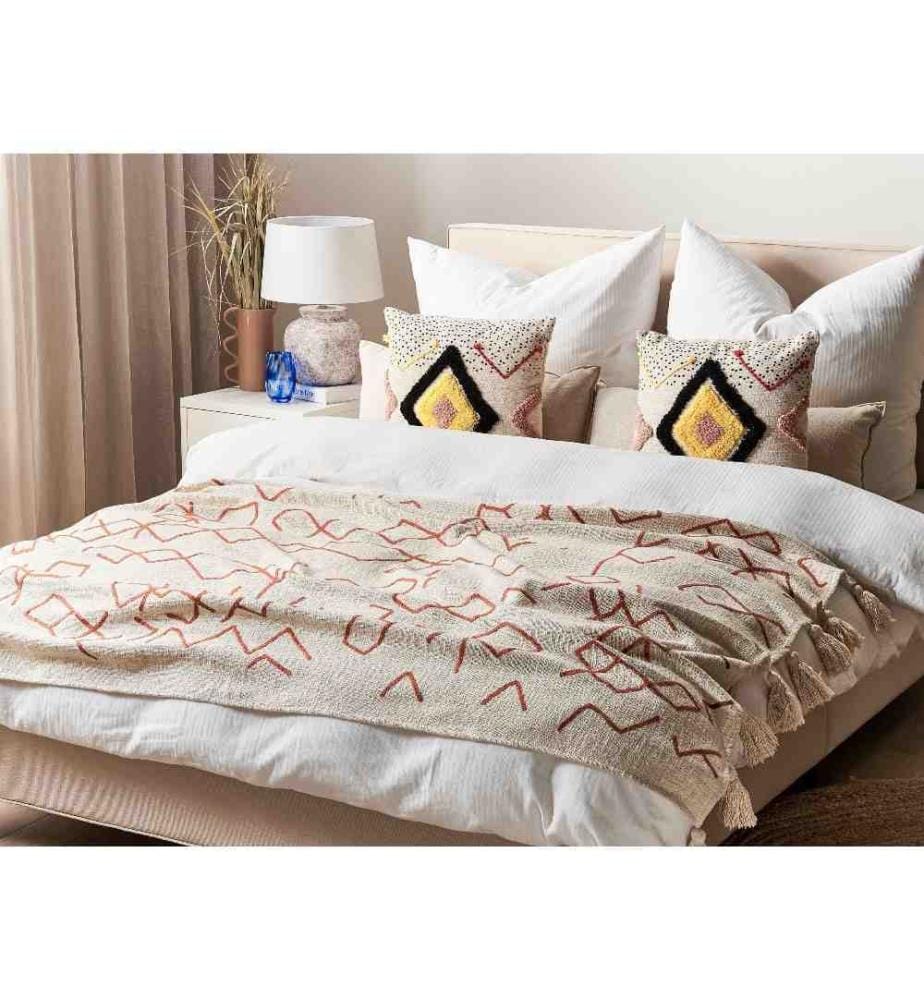 Couverture Beige et Rouge en Coton 130 x 180 cm Faite à la Main Jeté de lit Cosy Motif Abstrait avec Pompons
