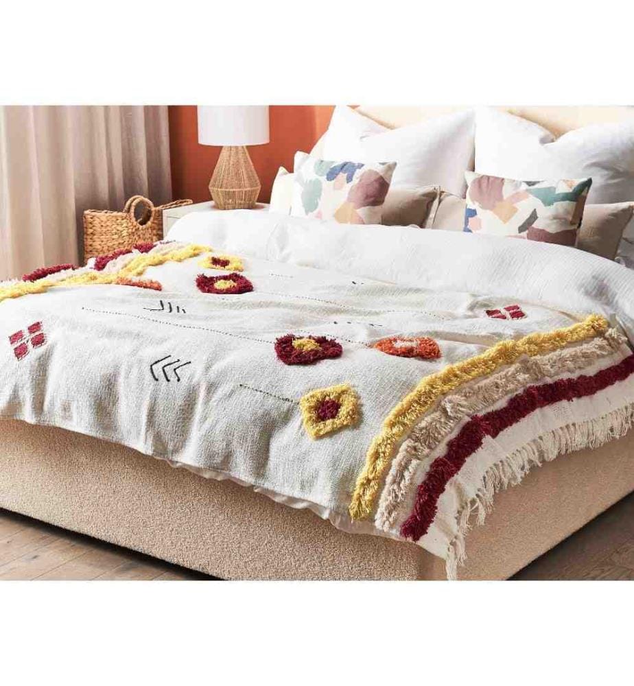 Couverture Multicolore en Coton 130 x 180 cm Plaid Décoratif à Franges Brodé Main Confortable et Doux