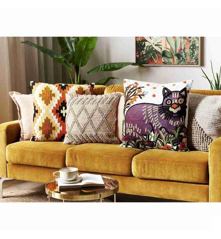 Lot de 2 Coussins Multicolores en Coton 50 x 50 cm Motif de Chat Brodé à la Main Couverture Amovible avec Remplissage Style Boho
