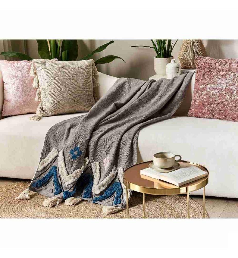 Couvre-Lit Gris en Coton 180 x 130 cm à Pompons et Bords Ornés Très Doux Déco pour Chambre de Style Boho Rustique