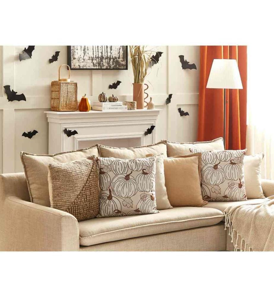 2 Coussins Décoratifs en Velours Beige 45 x 45 cm Motif Citrouilles Carré Moderne et Minimaliste Accessoires de Décoration d'Automne
