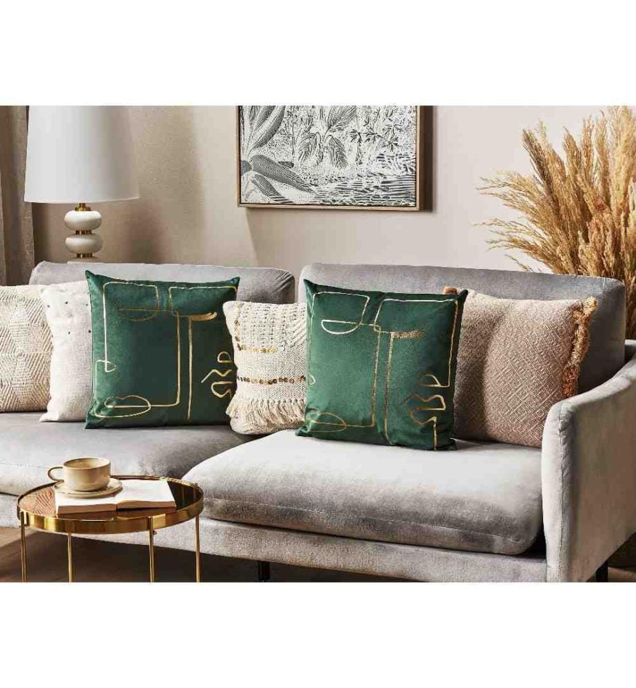 Lot de 2 Coussins Décoratifs en Velours Verts 45 x 45 cm Motif de Visage Glamour Accessoires de Décoration