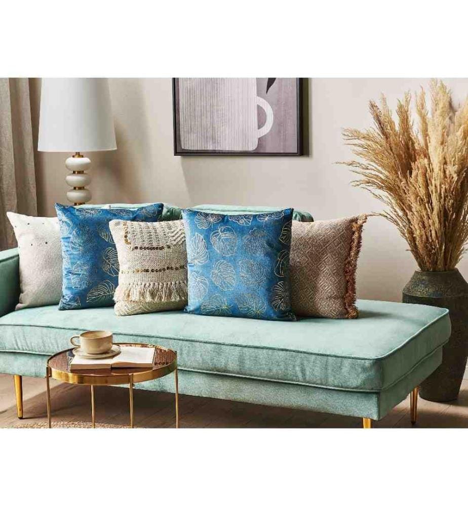 Lot de 2 Coussins Décoratifs en Velours Bleu 45 x 45 cm Imprimé Feuilles Accessoires de Décoration Glamour