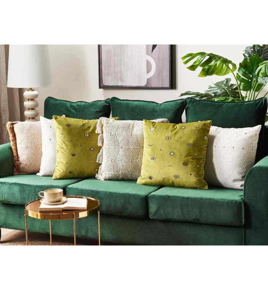 Lot de 2 Coussins Décoratifs en Velours Vert Olive 45 x 45 cm Motif Oeil Accessoires de Décoration Glamour