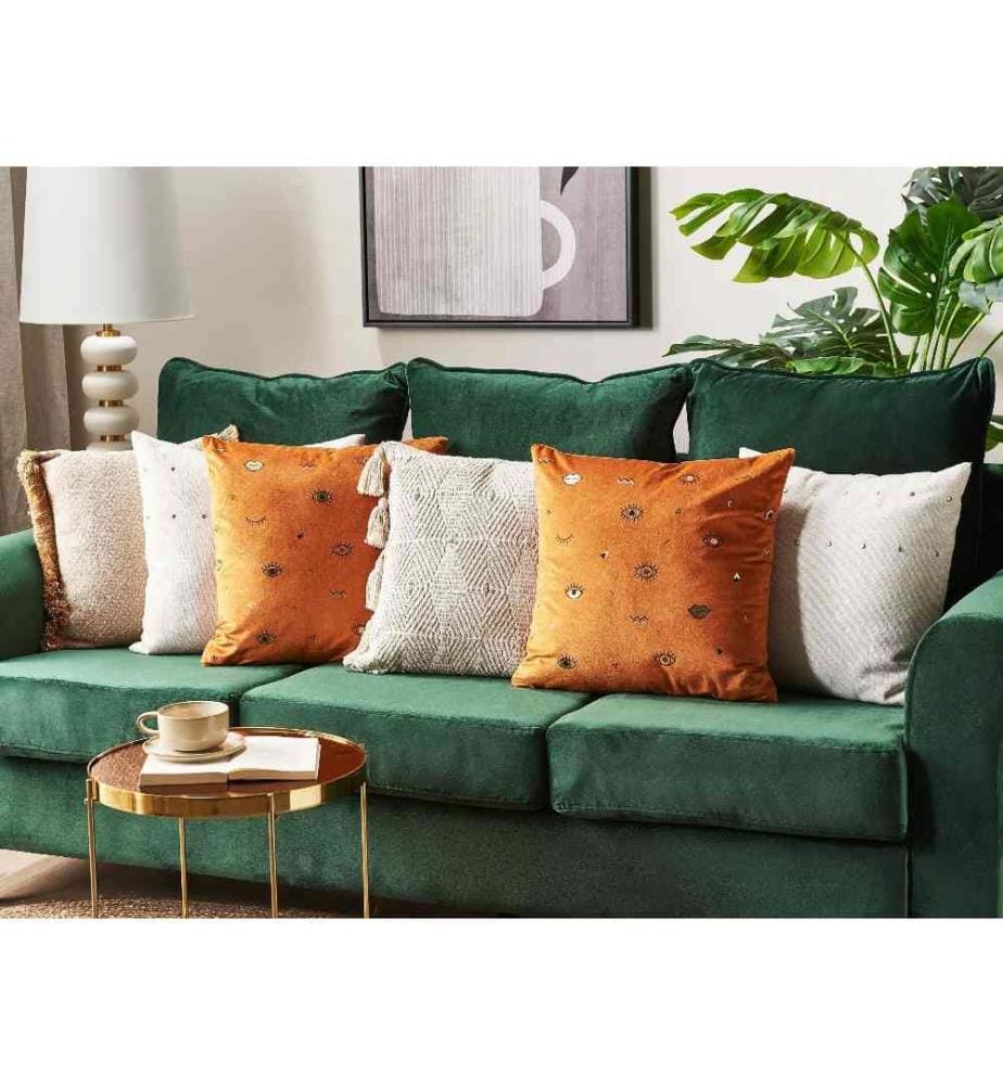 Lot de 2 Coussins Décoratifs en Velours Orange 45 x 45 cm Motif Oeil Accessoires de Décoration Glamour