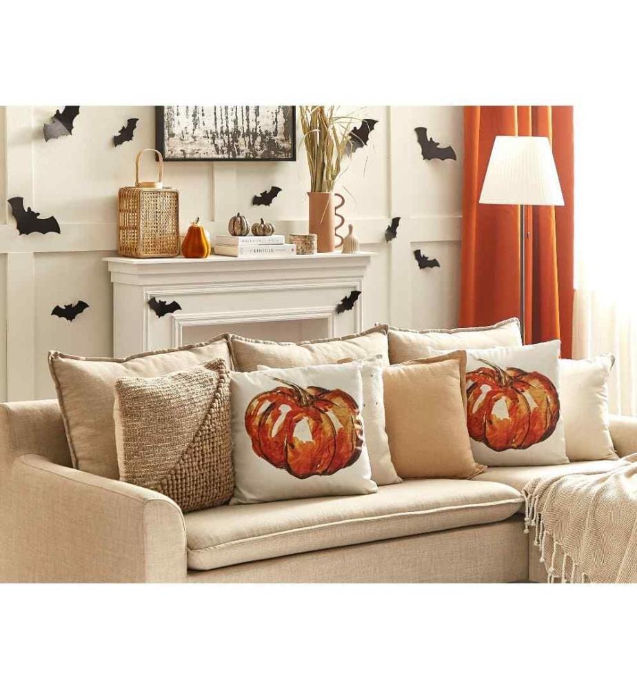 2 Coussins Décoratifs en Velours Beige 45 x 45 cm Motif Citrouille Carré Moderne et Minimaliste Accessoires de Décoration d'Automne
