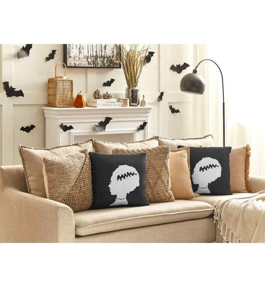 Coussin Décoratif Noir et Blanc en Velours 45 x 45 cm pour Halloween Motif de Femme de Frankenstein Carré Accessoire