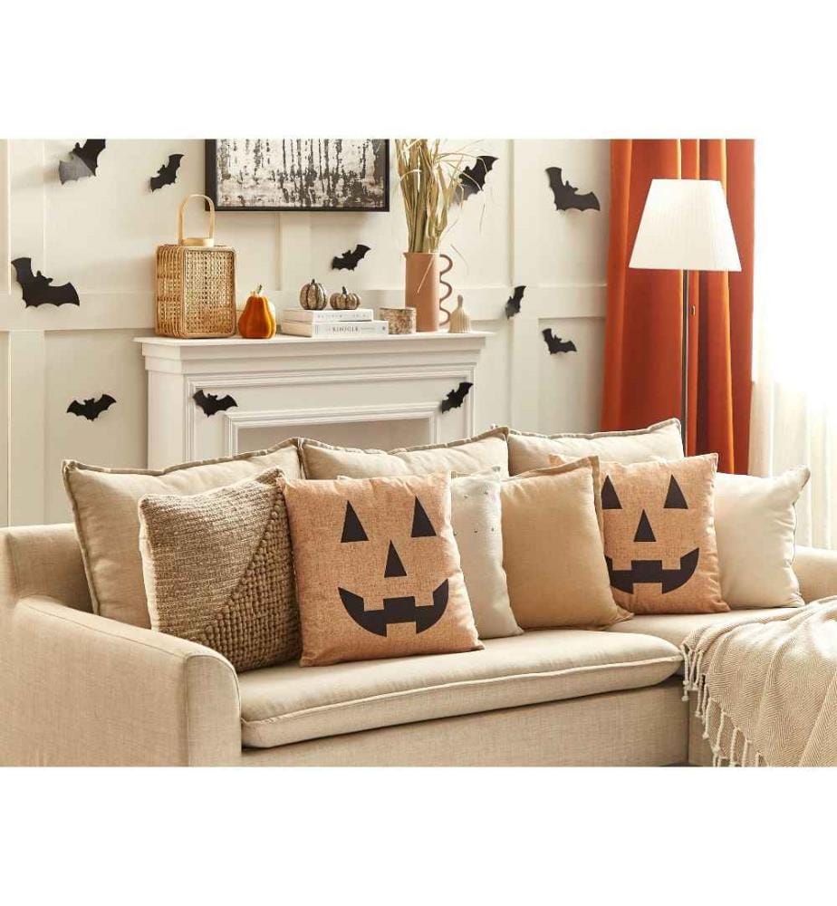 Coussins de Décoration en Velours Beige 45 x 45 cm Motif de Citrouille Grimaçante Accessoires pour Halloween à Fermeture à Glissière Lot de 2