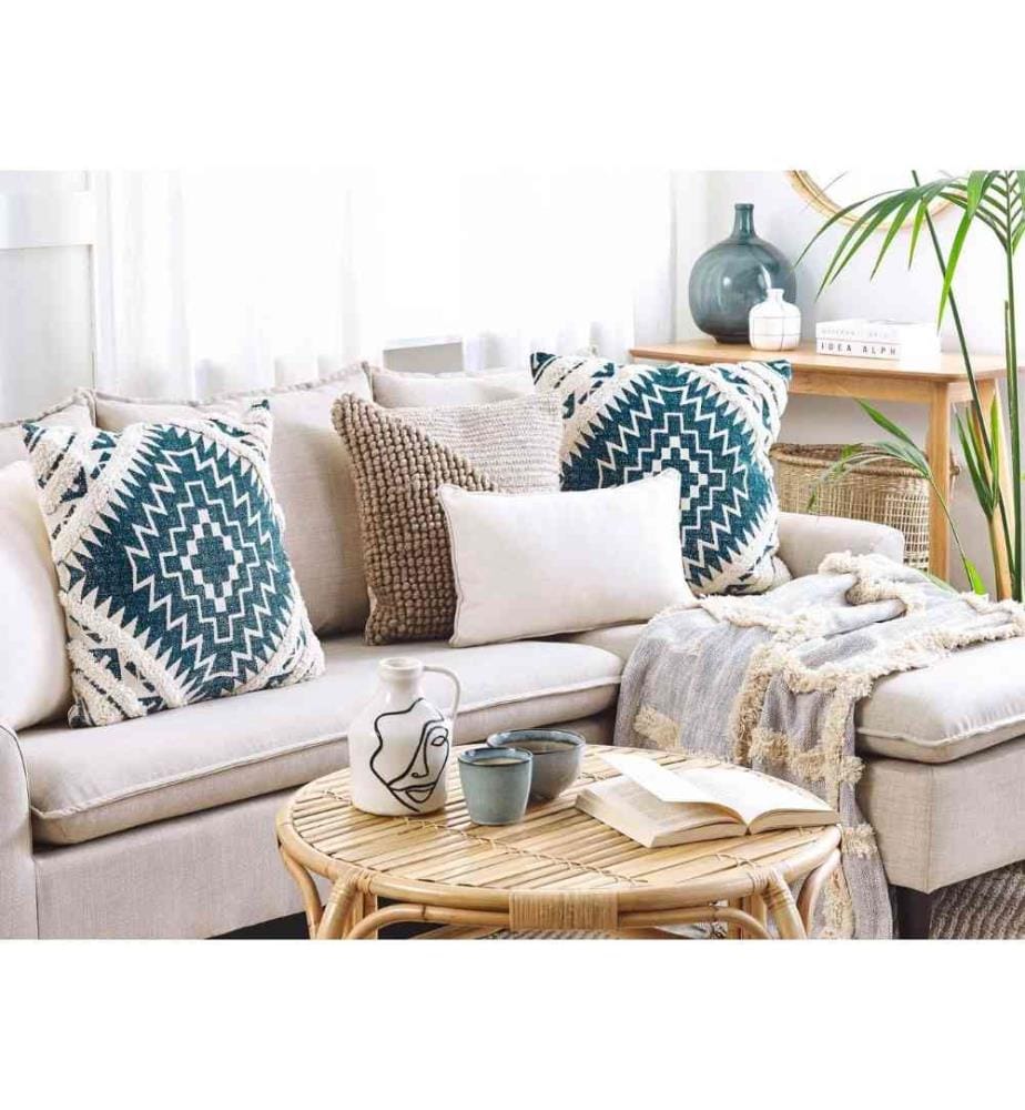 Lot de 2 Coussins Bleu et Beige en Coton 50 x 50 cm à Motif Géométrique Housse Amovible Déco Intérieure Rustique Insert Polyester