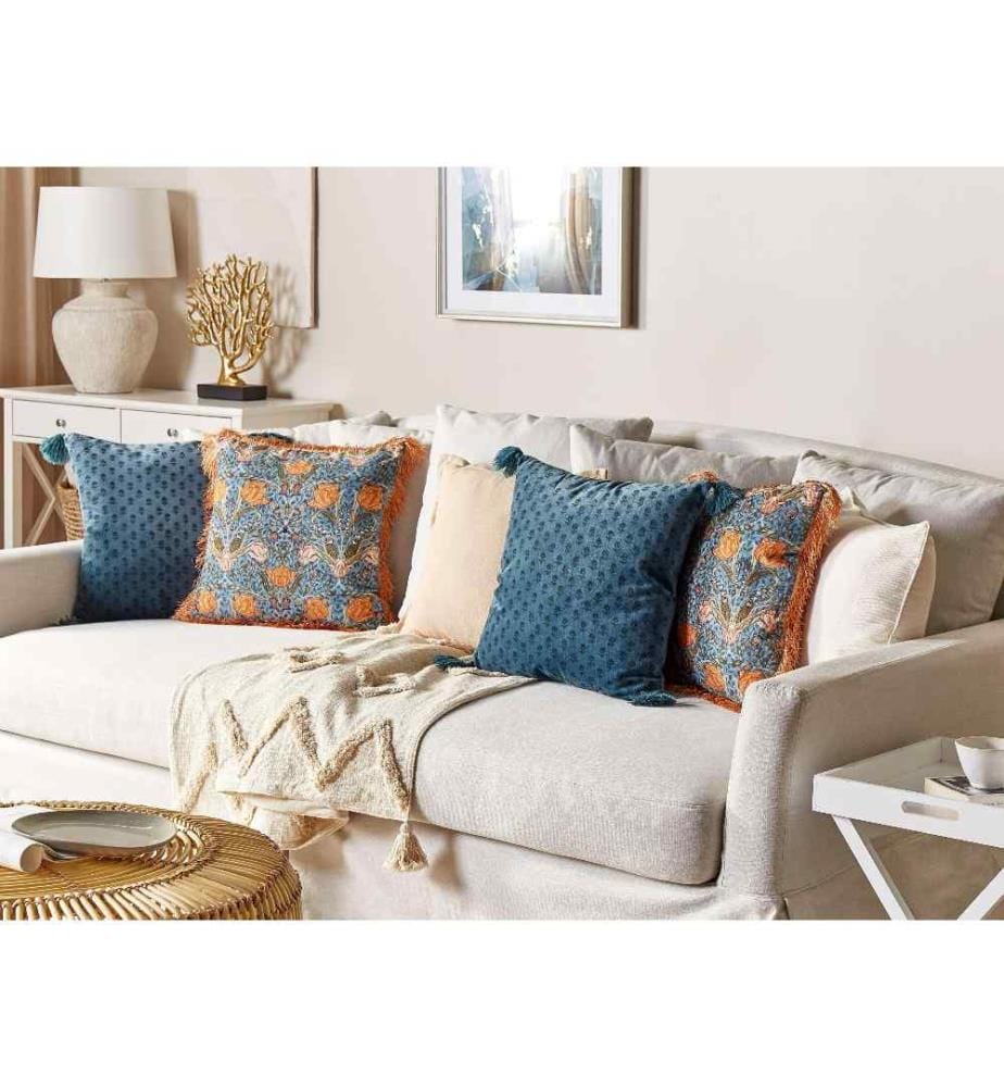 Coussin Décoratif Bleu Sombre en Velours 45 x 45 cm à Motif Floral Accessoire d'Intérieur Rétro Traditionnel Déco de Maison