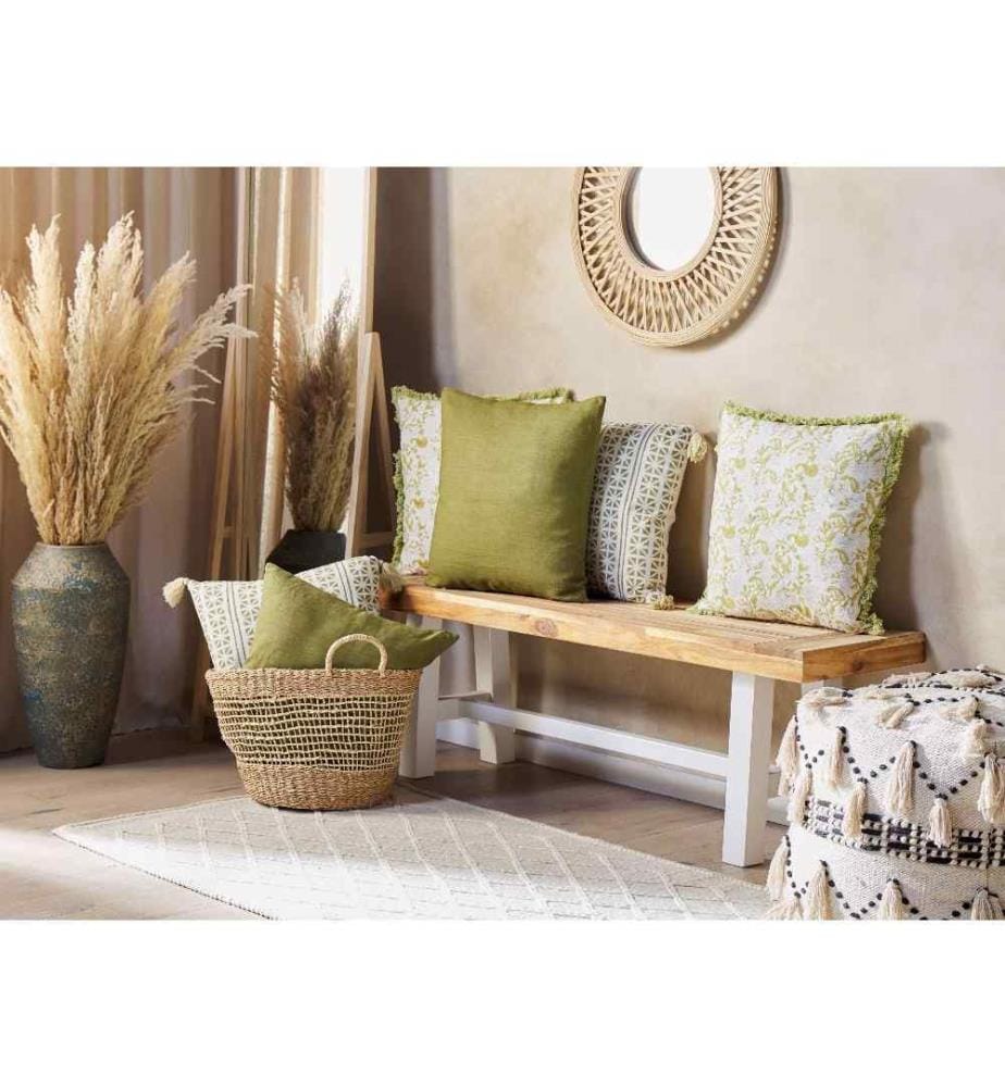 Lot de 2 Coussins en Coton Vert et Blanc 45 x 45 cm Franges Fait Main Housses Amovibles Fermeture Éclair Style Rustique Traditionnel.