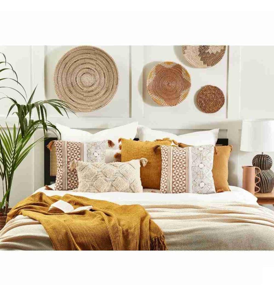 Coussins Décoratifs Brun et Blanc en Coton 45 x 45 cm à Motif Géométrique Impression à la Main Lot de 2 pour Intérieur Housses Amovibles