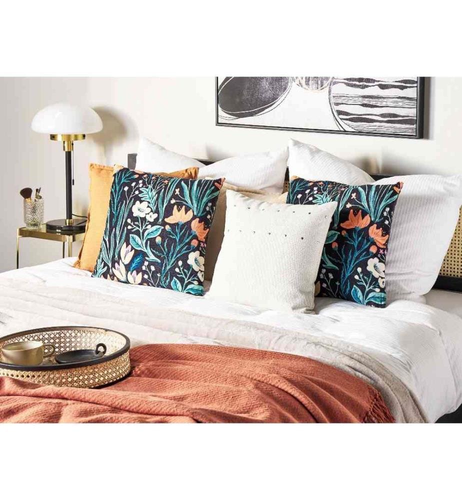 Coussins Décoratifs Noir et Vert en Velours 45 x 45 cm à Motif Floral Imprimé Frangé Déco Moderne et Glamour pour Intérieur