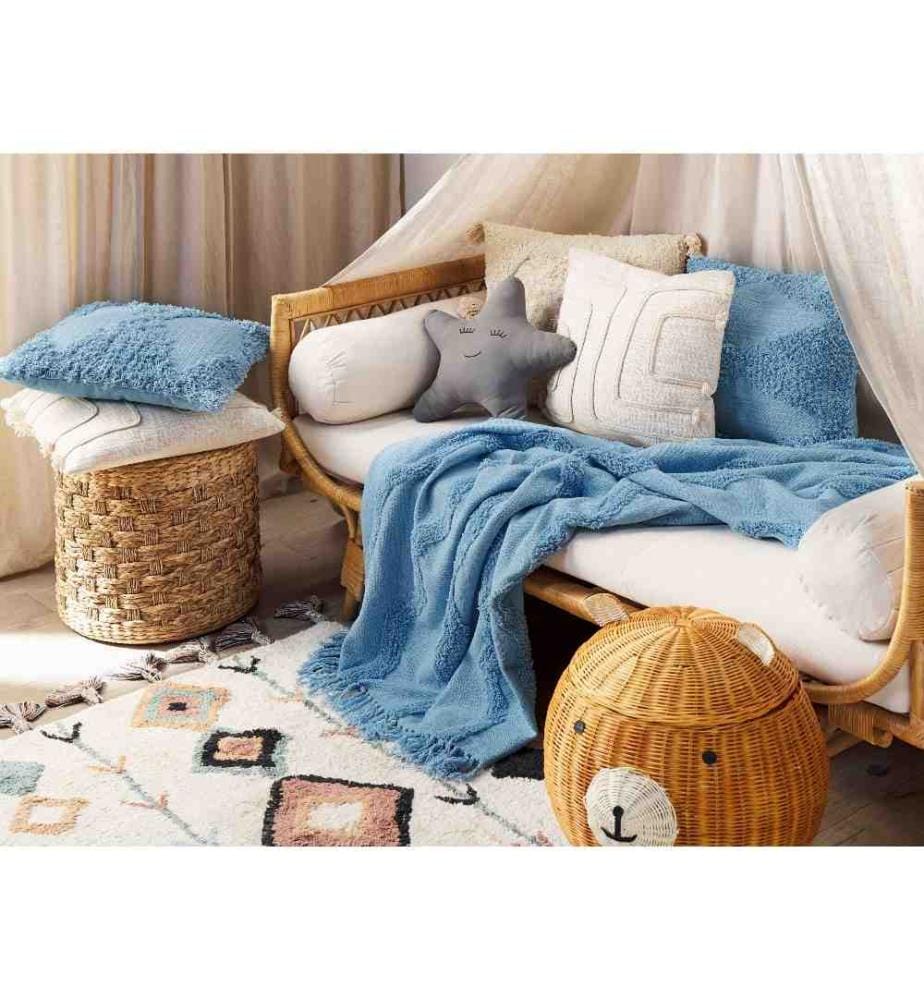 Couverture Bleu Clair Coton 125 x 150 cm Motif Géométrique Tricoté Acceessoire Boho Salon Canapé Chambre à coucher