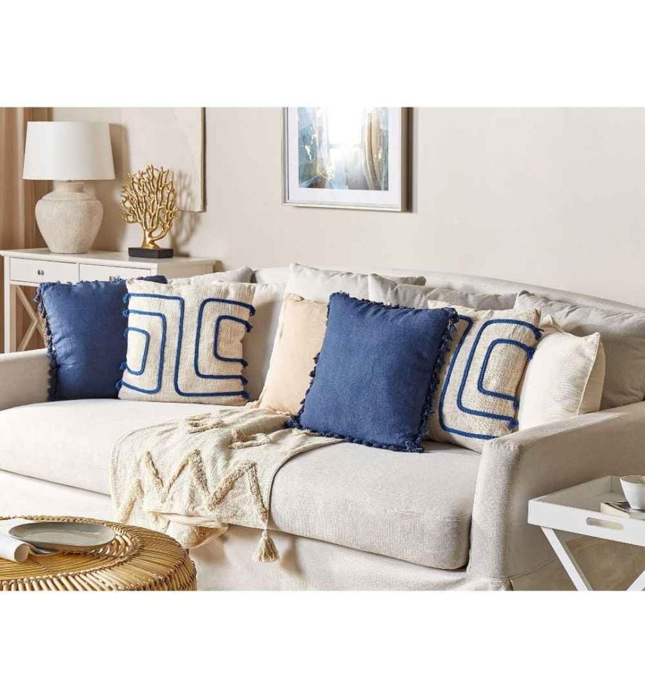 Coussins Décoratifs Beige et Bleu Marine en Coton 45 x 45 cm avec Cordelettes Fabriqué à la Main Accessoire Maison Intérieur Très Doux Lot de 2