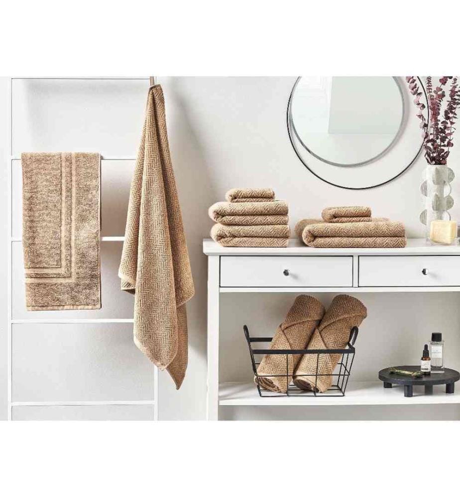 Lot de 9 Serviettes de Bain en Coton Tissu Eponge Beige 100 x 150 cm Motif Chevron Pelucheuses Serviettes de Bain Luxe Glam