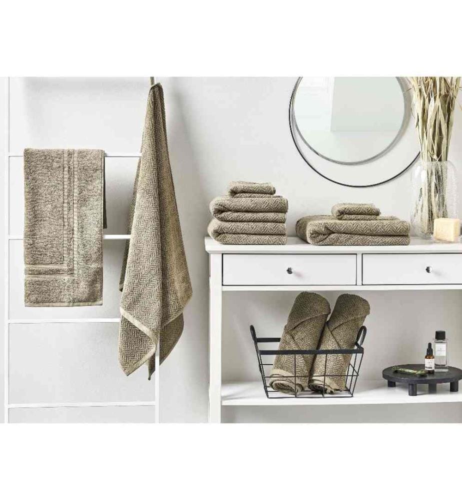 Lot de 9 Serviettes de Bain en Coton Tissu Eponge Vert Olive 100 x 150 cm Motif Chevron Pelucheuses Serviettes de Bain Luxe Glam