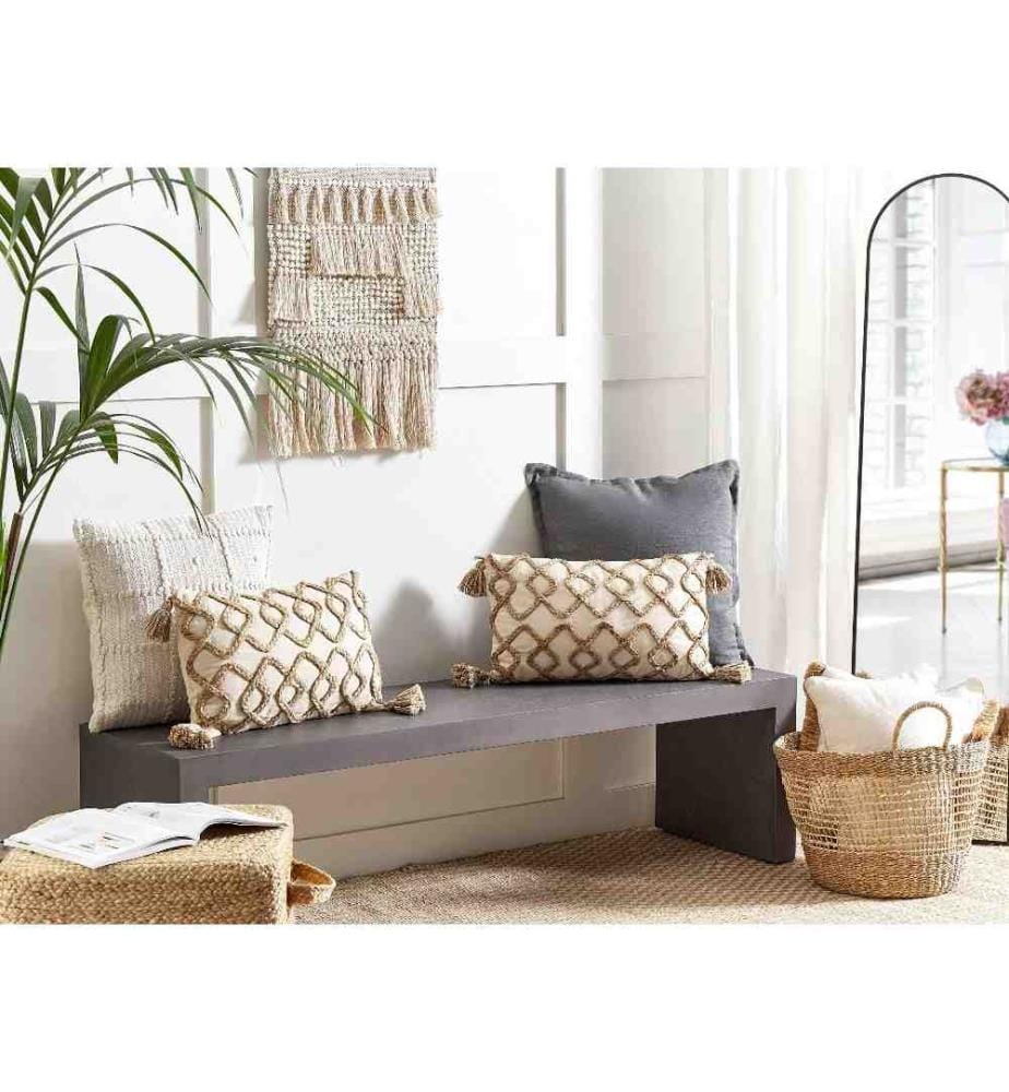 Lot 2 Coussins Beige en Coton Jute 30 x 50 cm Pompons Décoratifs Motif Géométrique Fait Main Accessoire Salon Chambre à Coucher Boho