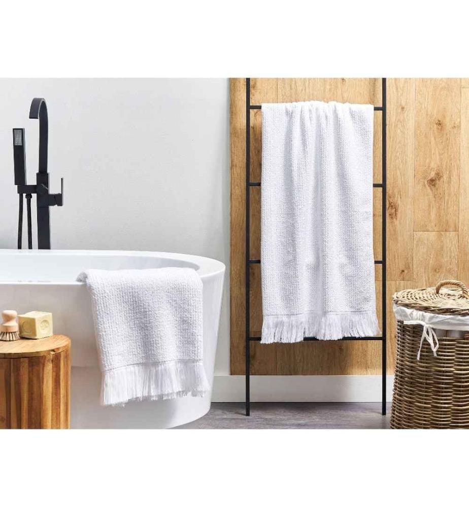 Lot de 2 Serviettes de Bain en Coton Tissu Polyester Blanc 100 x 150 cm Franges Douces Pelucheuses Serviettes de Bain Luxe Glam