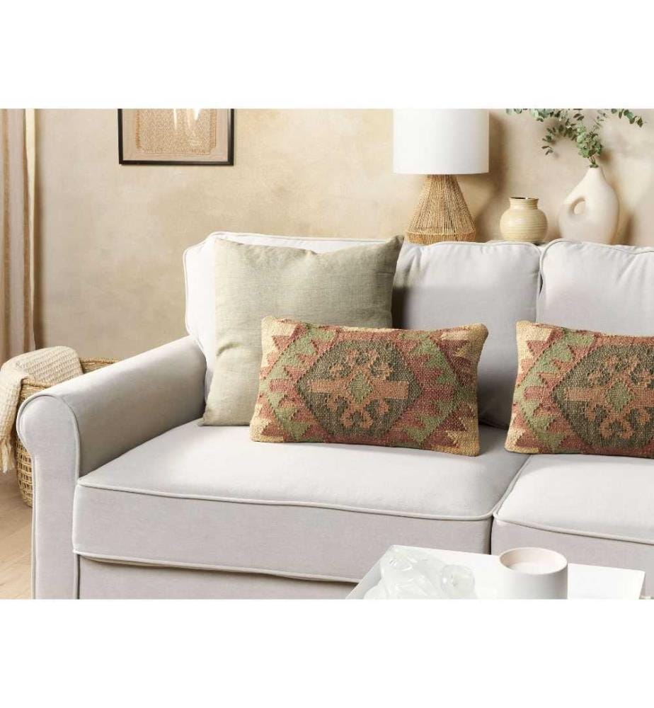 Set 2 Coussins Décoratifs Multicolore en Jute et Coton 30 x 50 cm Motif Géométrique Oriental Fait à la main Housse Amovible avec Rembourrage