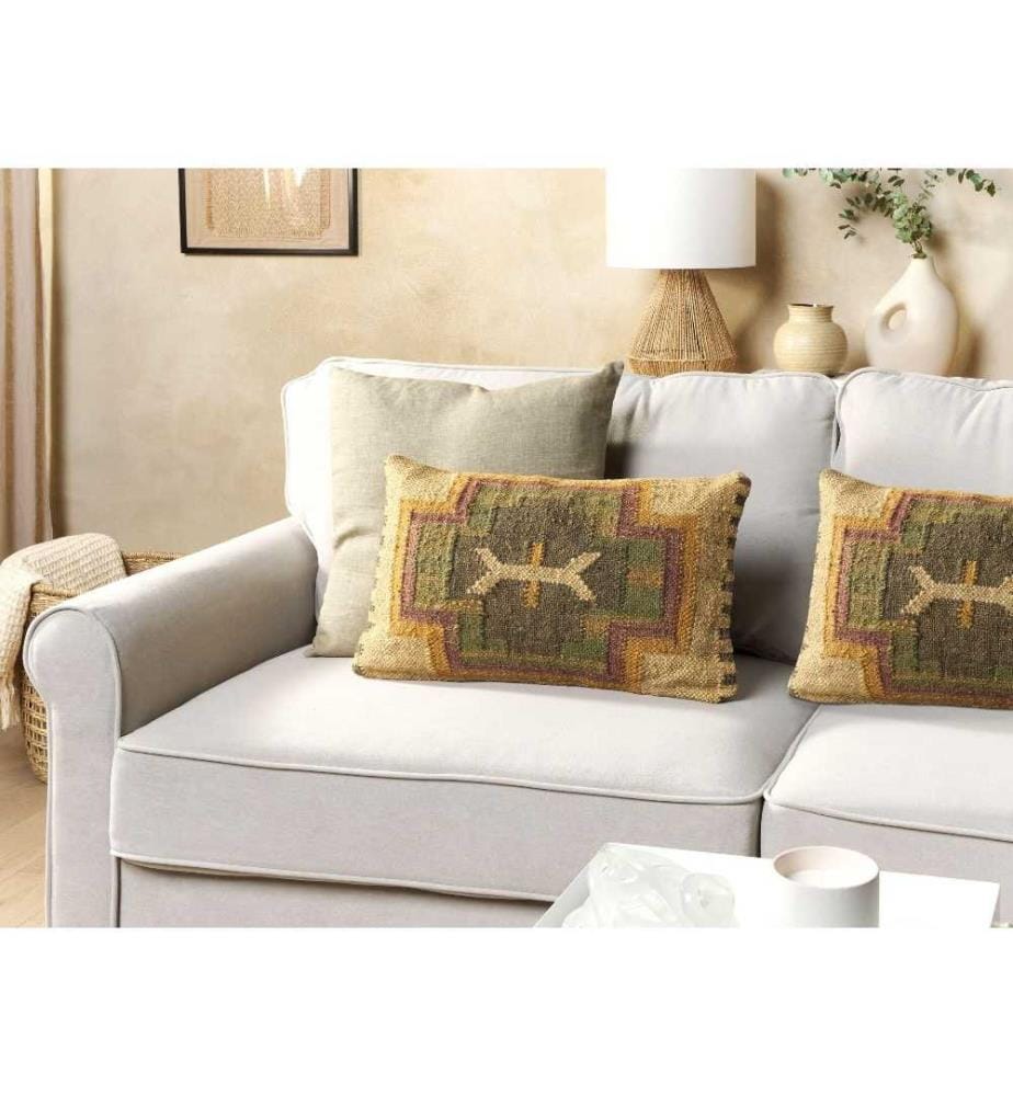 Set 2 Coussins Décoratifs Multicolore en Jute et Coton 30 x 50 cm Motif géométrique Fait à la main Housse Amovible avec Rembourrage Design Rétro