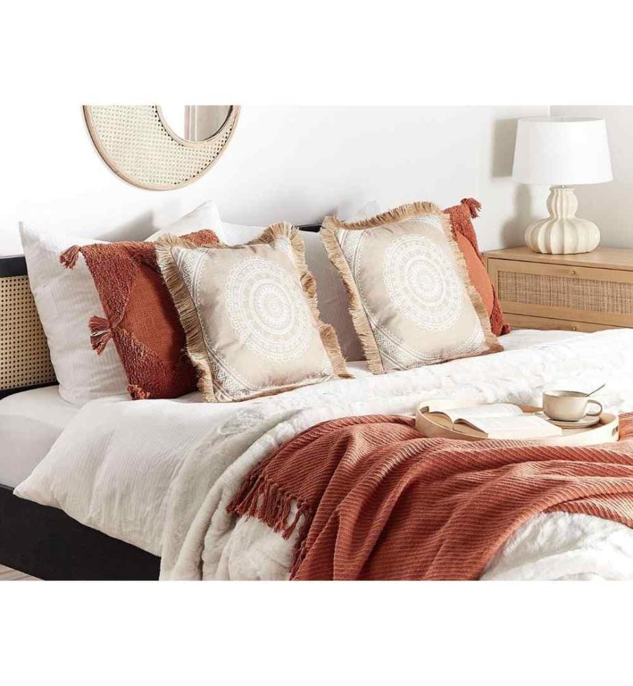Coussins Décoratifs Beige et Blanc avec Motif de Cercle avec Franges Moelleux Parfait pour un Intérieur Design et Epuré Lot de 2